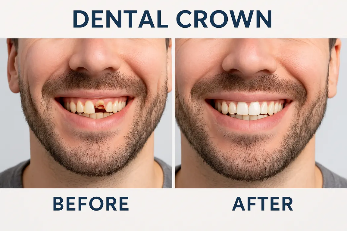 Dental crown restoration for a broken tooth – EasyCare Family Dental East Brisbane Heavily broken tooth restored with a zirconia dental crown in East Brisbane – natural and durable result