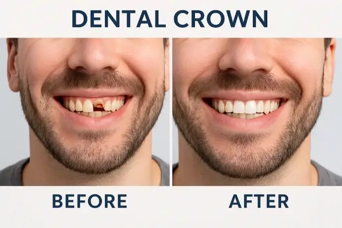 Dental crown restoration before and after