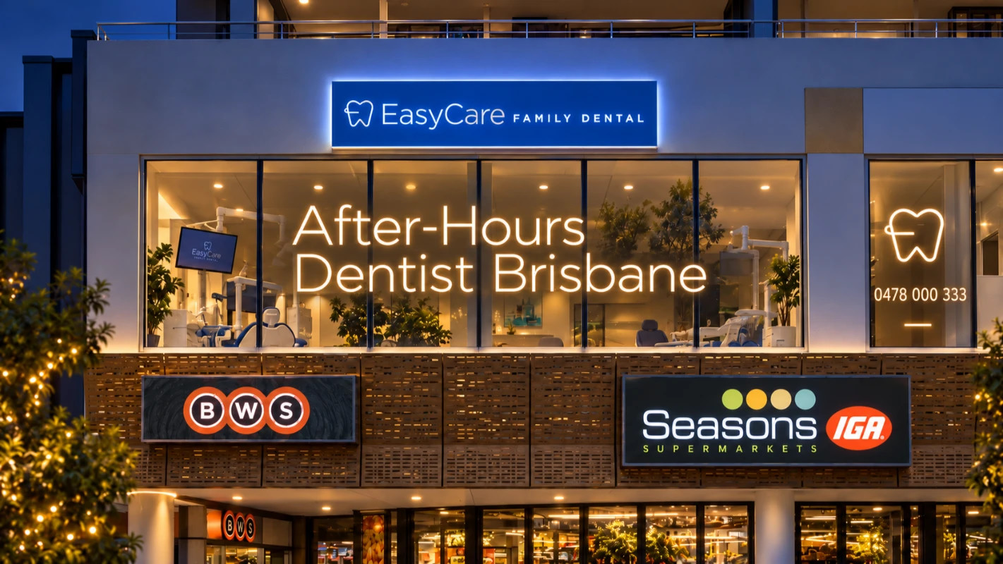 EasyCare Family Dental exterior above Seasons IGA in East Brisbane, with after-hours enquiry text