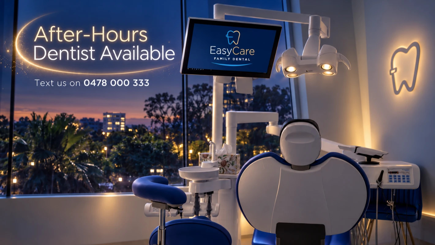 EasyCare treatment room with after-hours dental enquiry text and the clinic’s SMS number