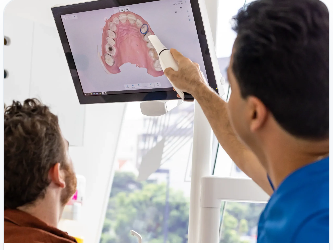A dentist explaining a dental scan